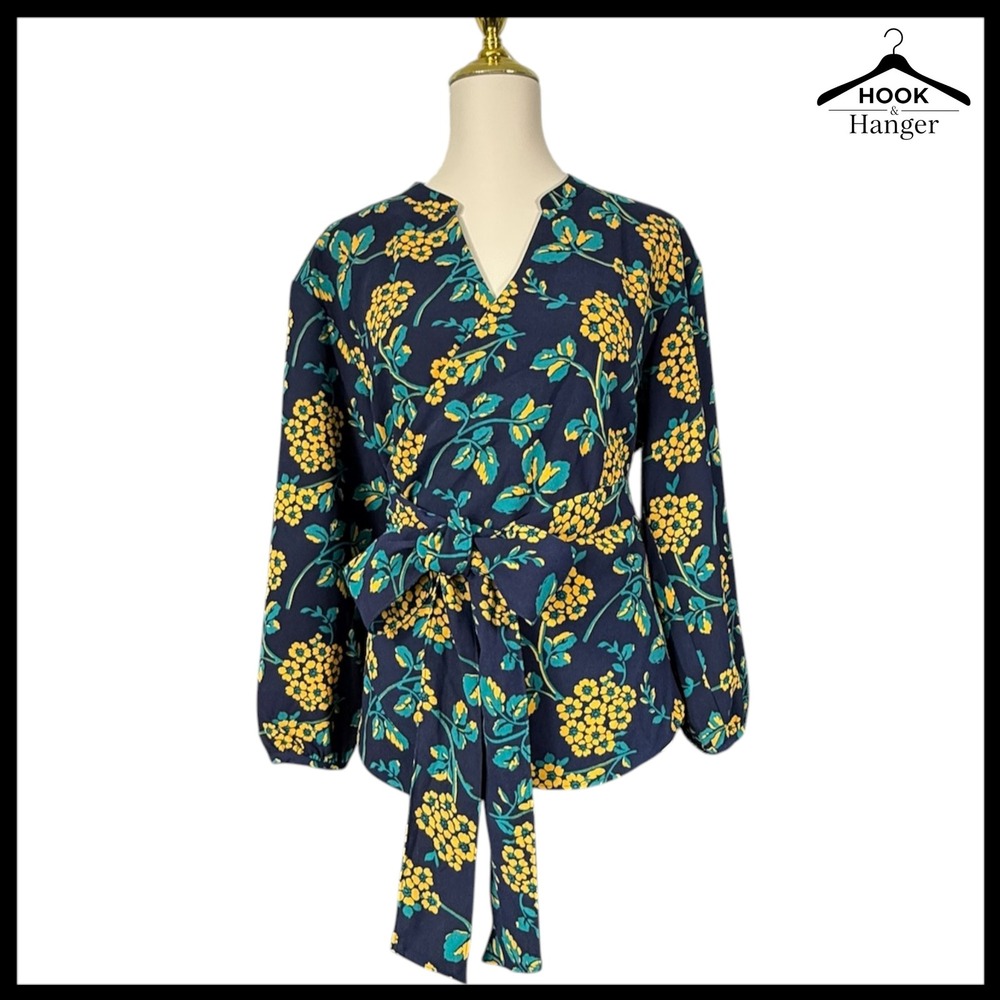 J.Crew Floral Navy Blue Wrap Top L Tie Waist V Neck Long Sleeve Elevated Casual